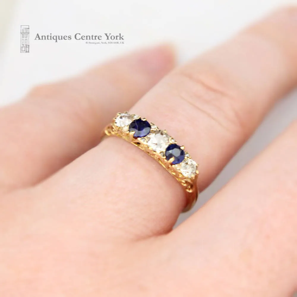 18ct Sapphire & Diamond 5 Stone Carved Half Hoop Ring