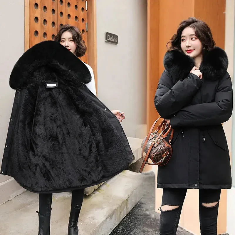 2024 New Winter Jacket for Women – Fashion Long Parka with Wool Liner, Hooded Slim Coat, Fur Collar, Warm Padded Snow Wear