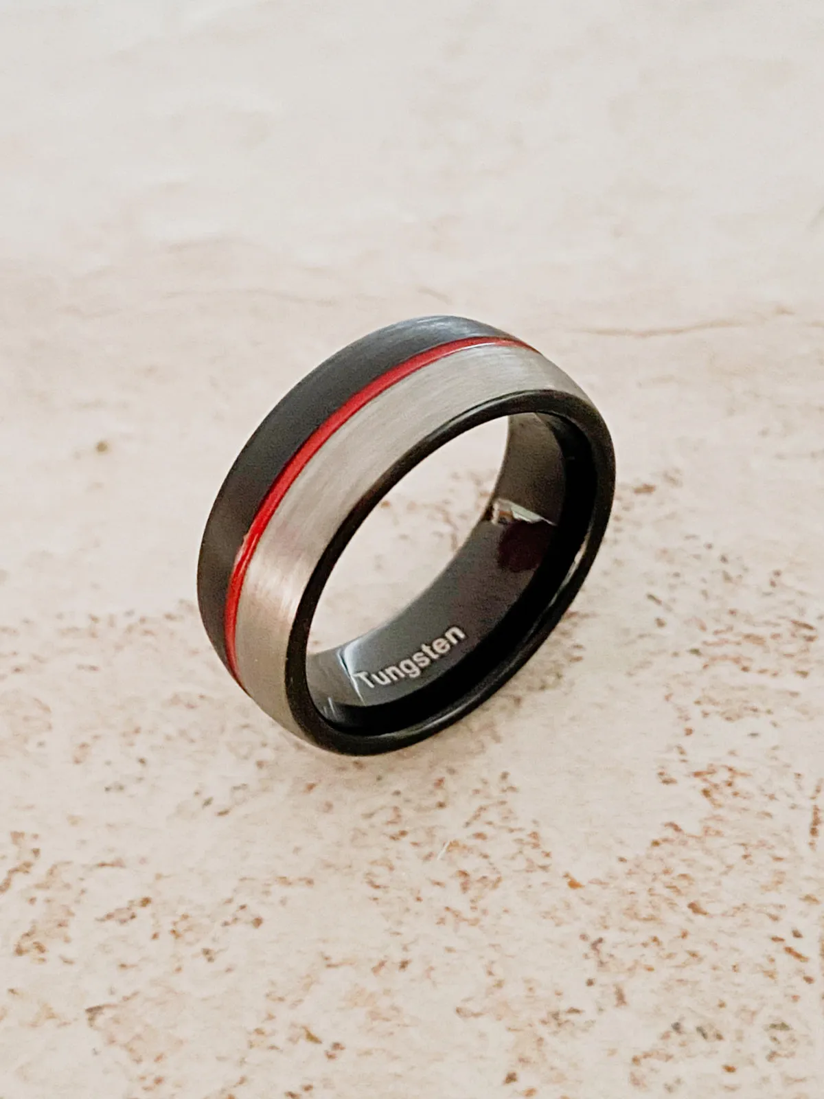 Black & Red Stripe Tungsten Band