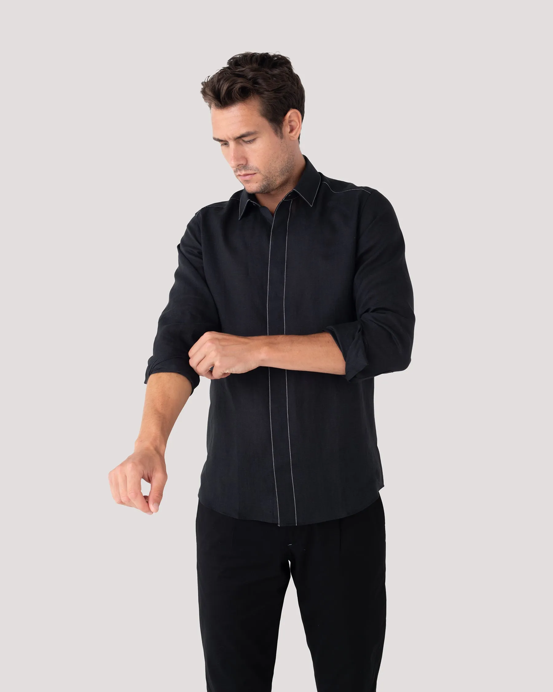 Black Silk-Stitch Linen Shirt