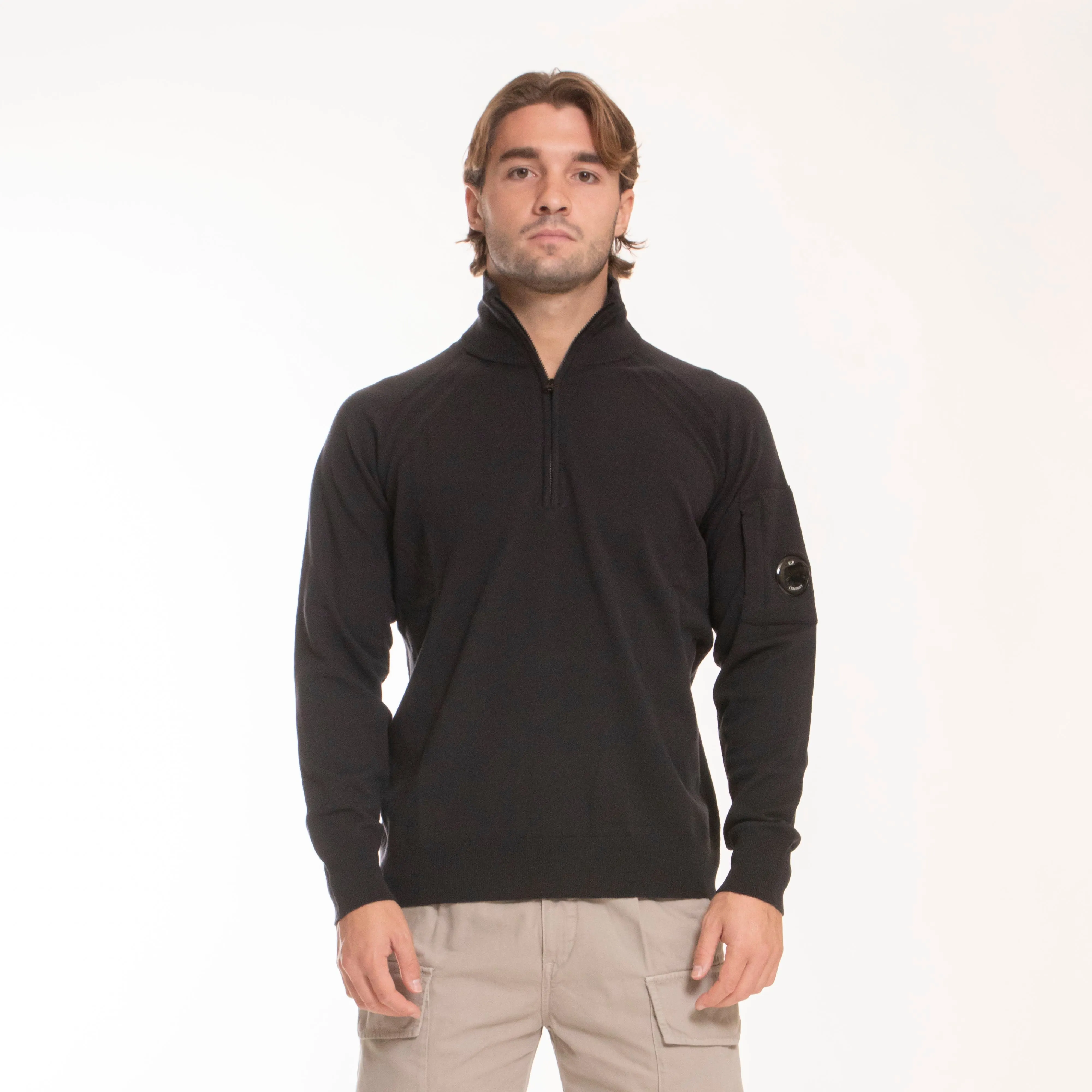 C.P. COMPANY EXTRA FINE MERINO WOOL HALF ZIPPED  KNIT BLACK