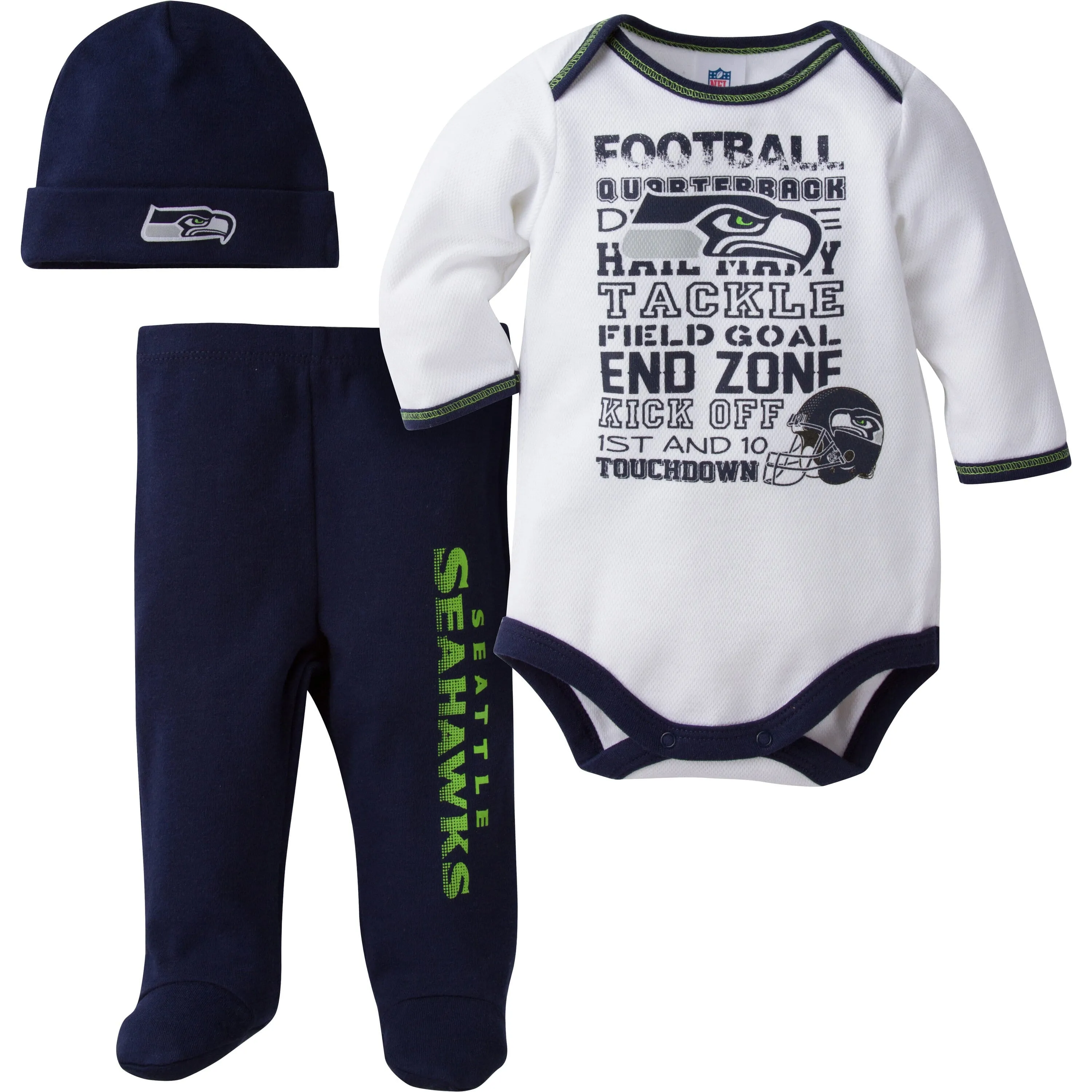 Seattle Seahawks Baby 3 Piece Bodysuit, Pant and Cap Set