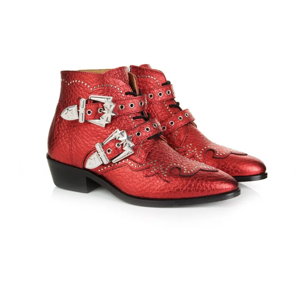 Starlight: Red Metallic Leather Ankle Boots