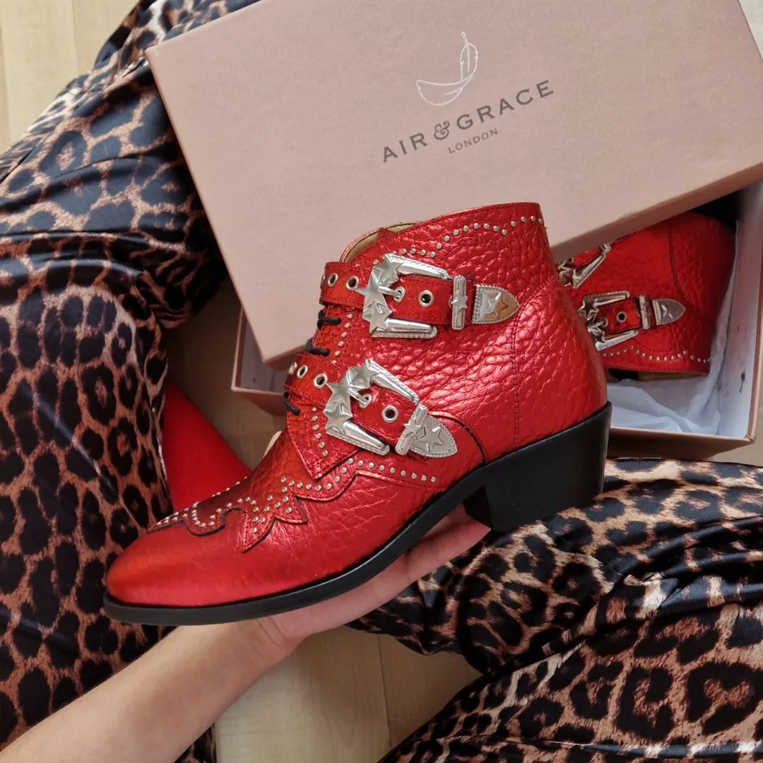 Starlight: Red Metallic Leather Ankle Boots